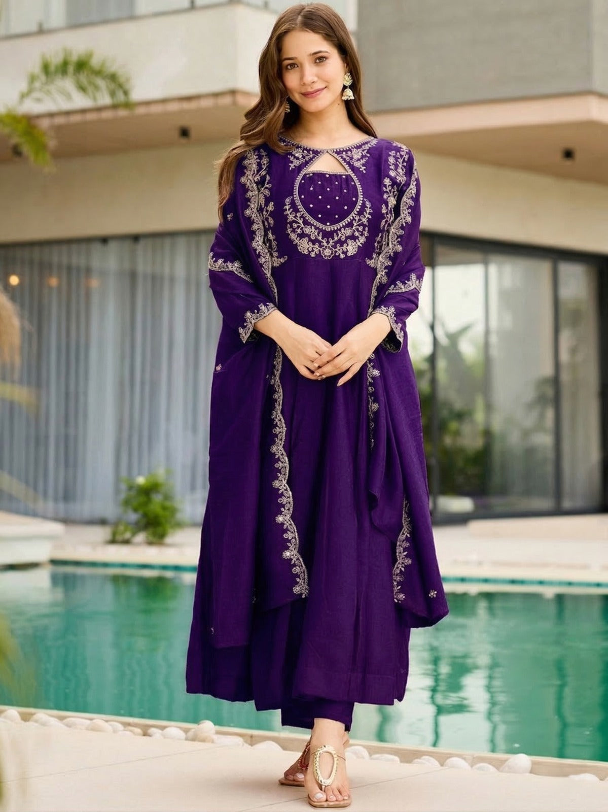 Royal Purple And Orange Designer Flared Kurti Set