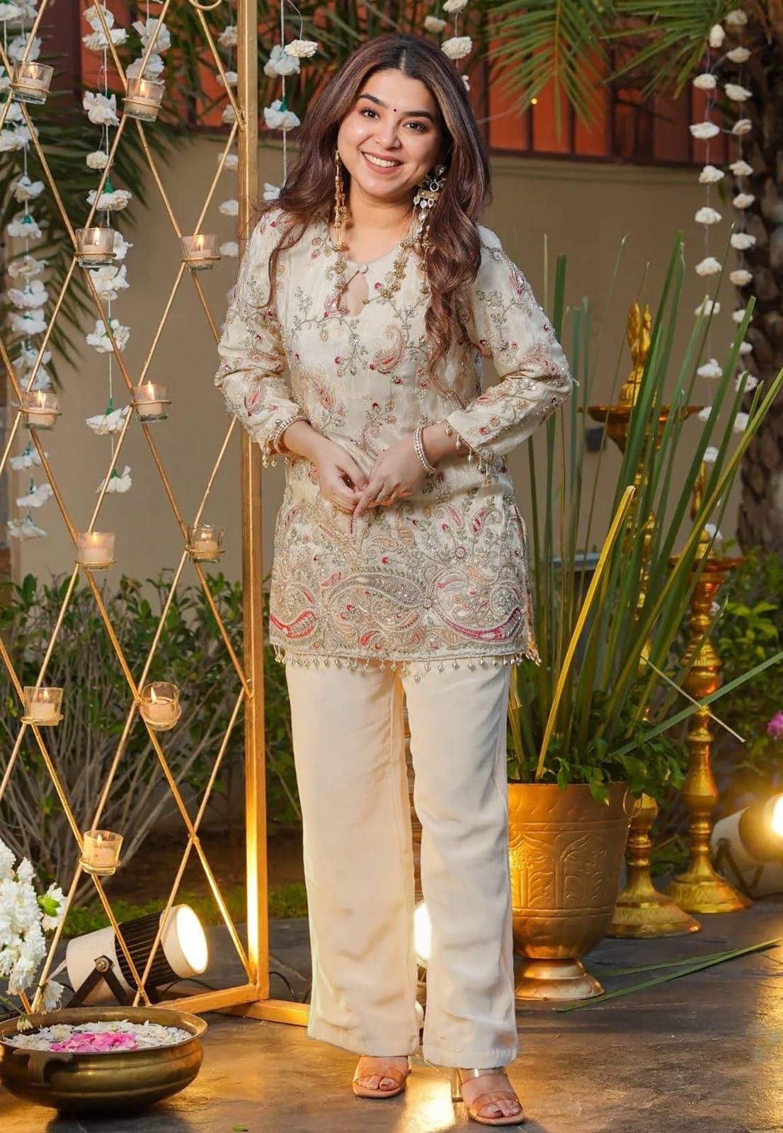 Cream Embroidered Kurta Pant Set
