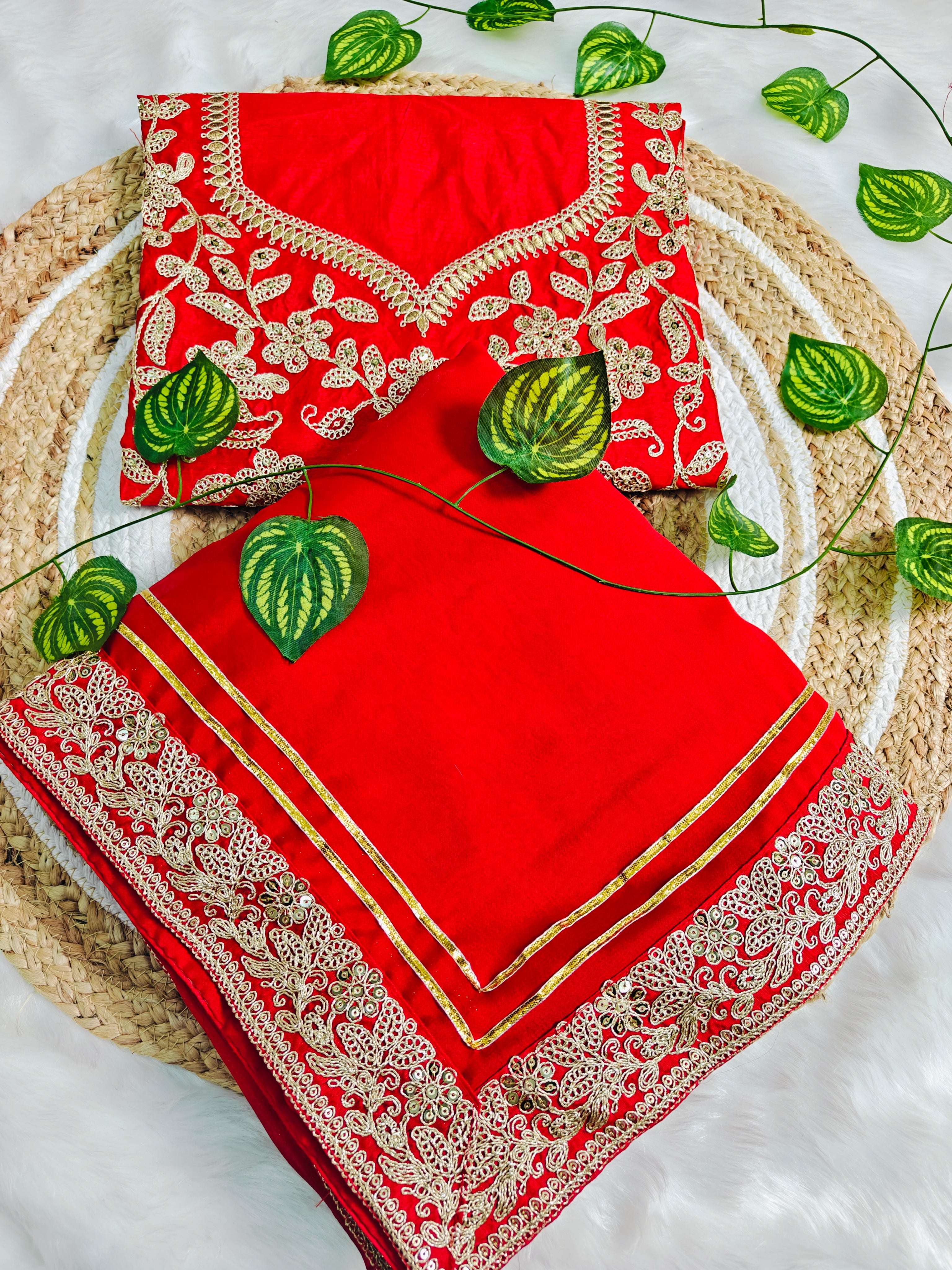 Red Designer Saree With Embroidered Border