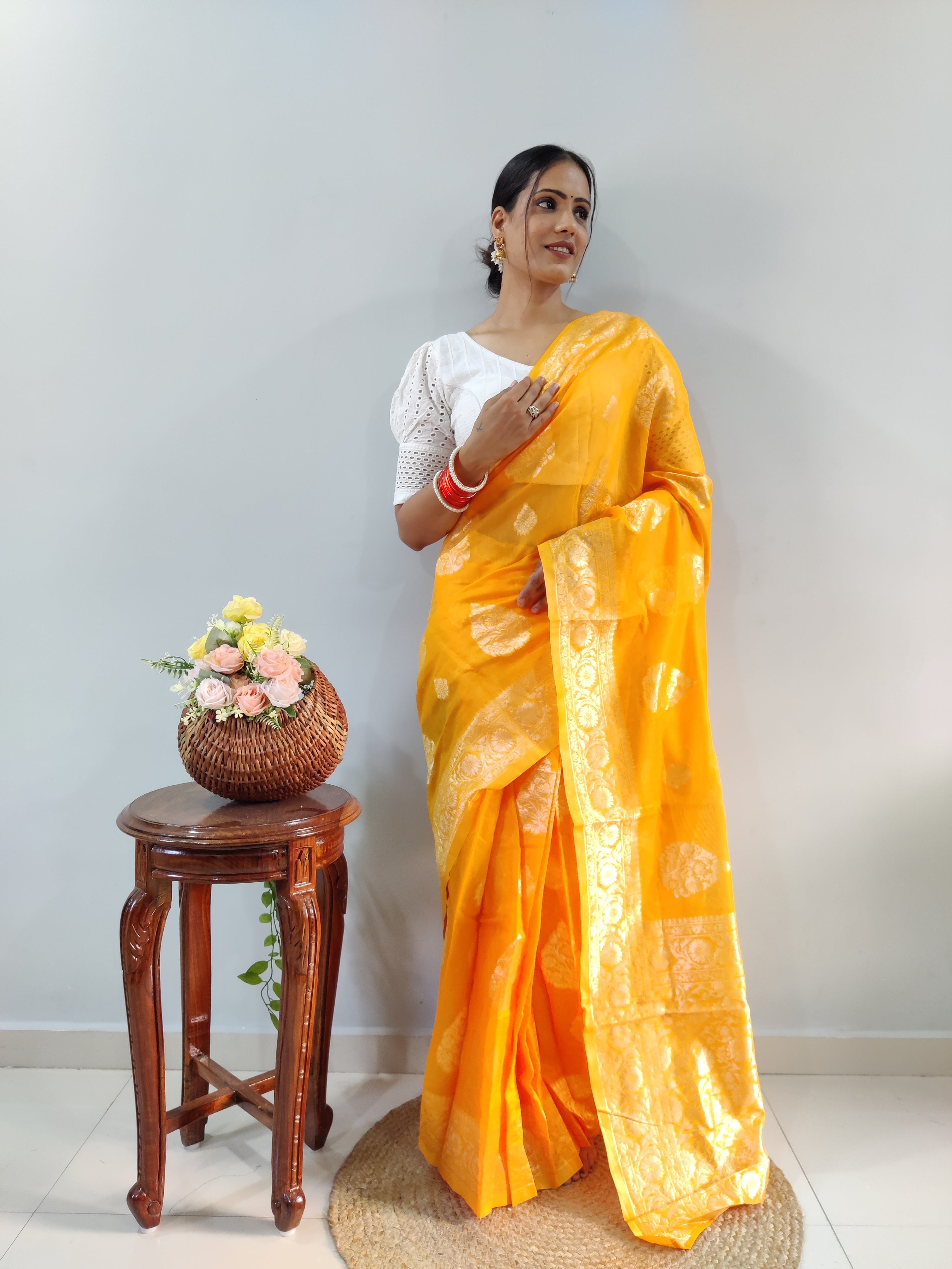 Ready To Wear Banarasi Mustard Yellow Silk Saree