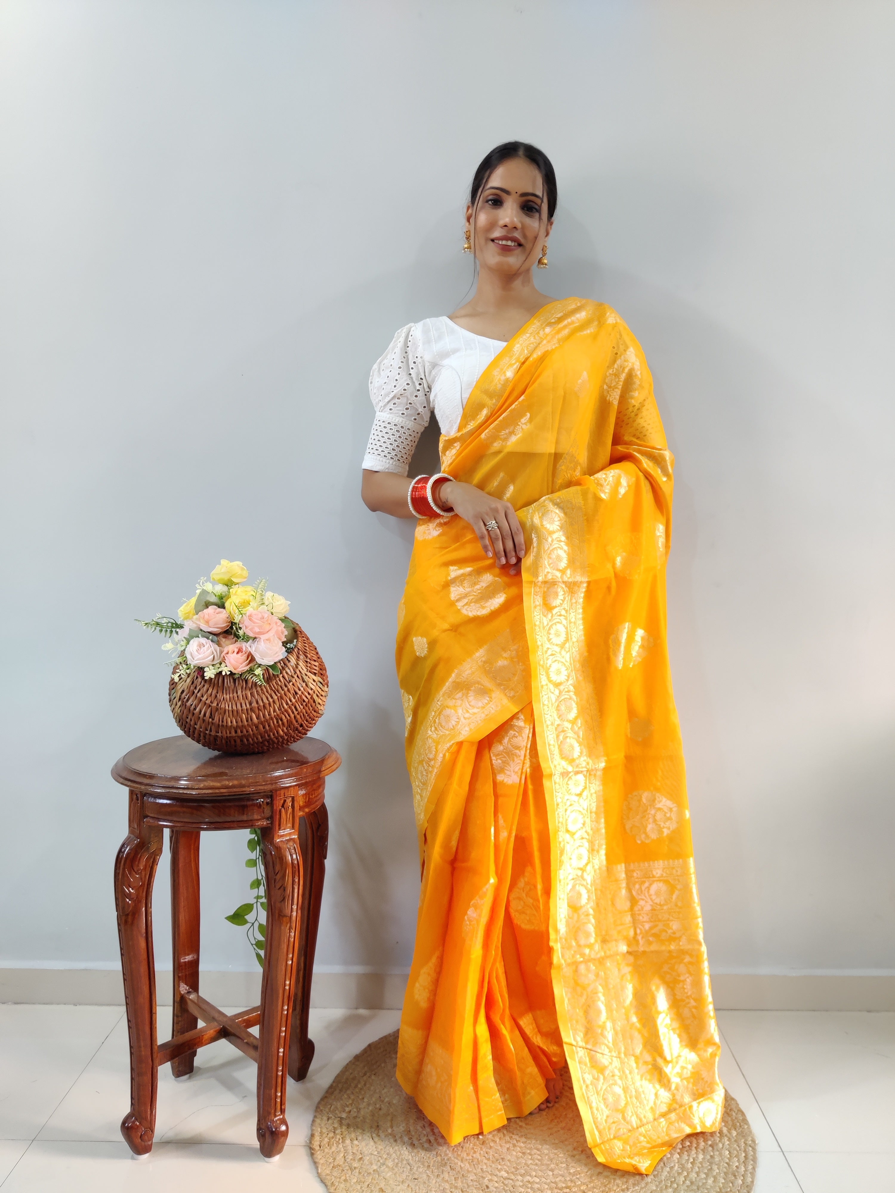 Ready To Wear Banarasi Mustard Yellow Silk Saree