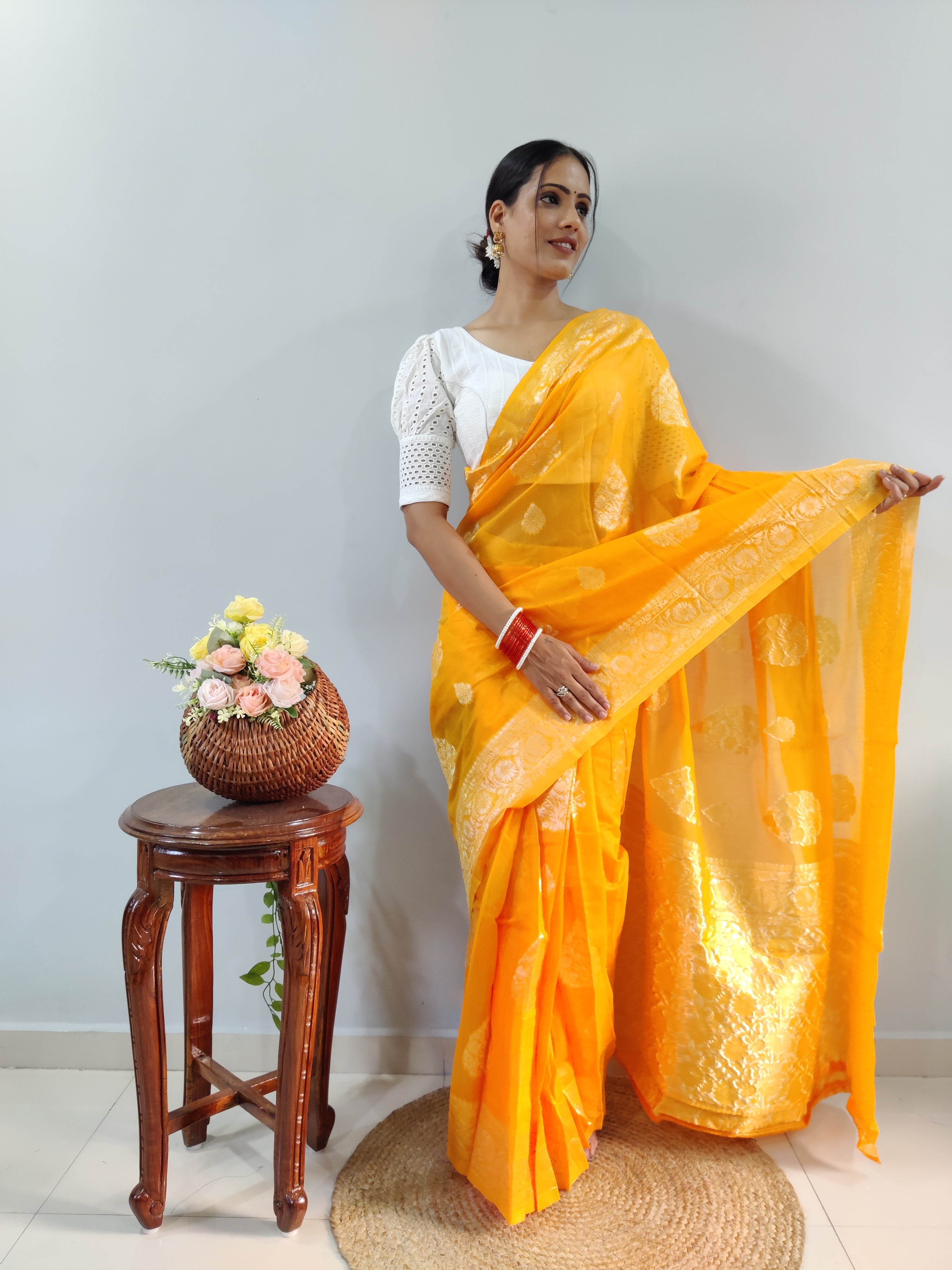 Ready To Wear Banarasi Mustard Yellow Silk Saree
