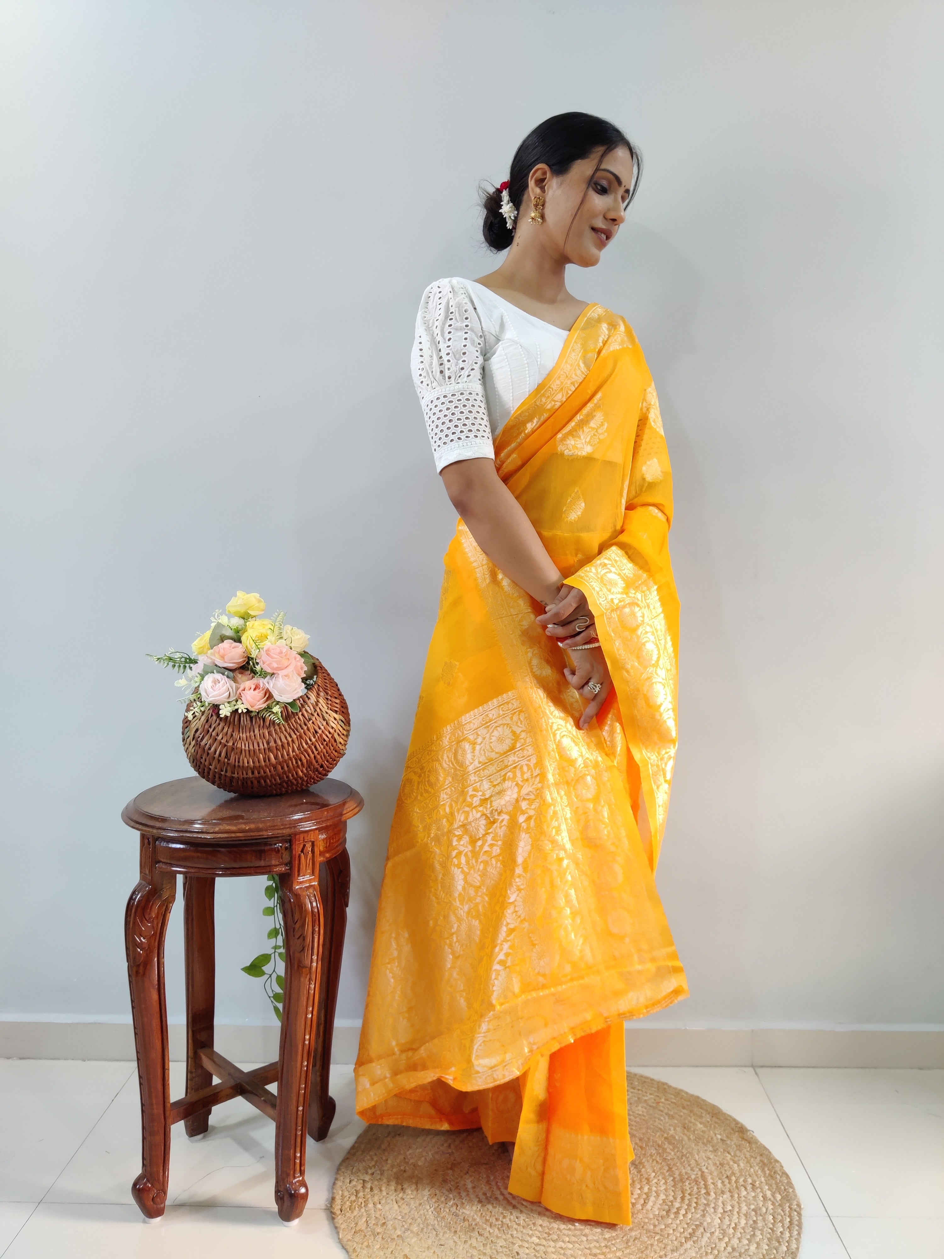 Ready To Wear Banarasi Mustard Yellow Silk Saree