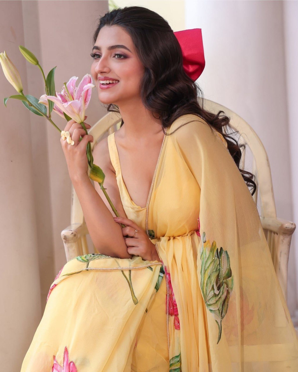 Pastel Yellow Floral Saree With Elegant Summer Print