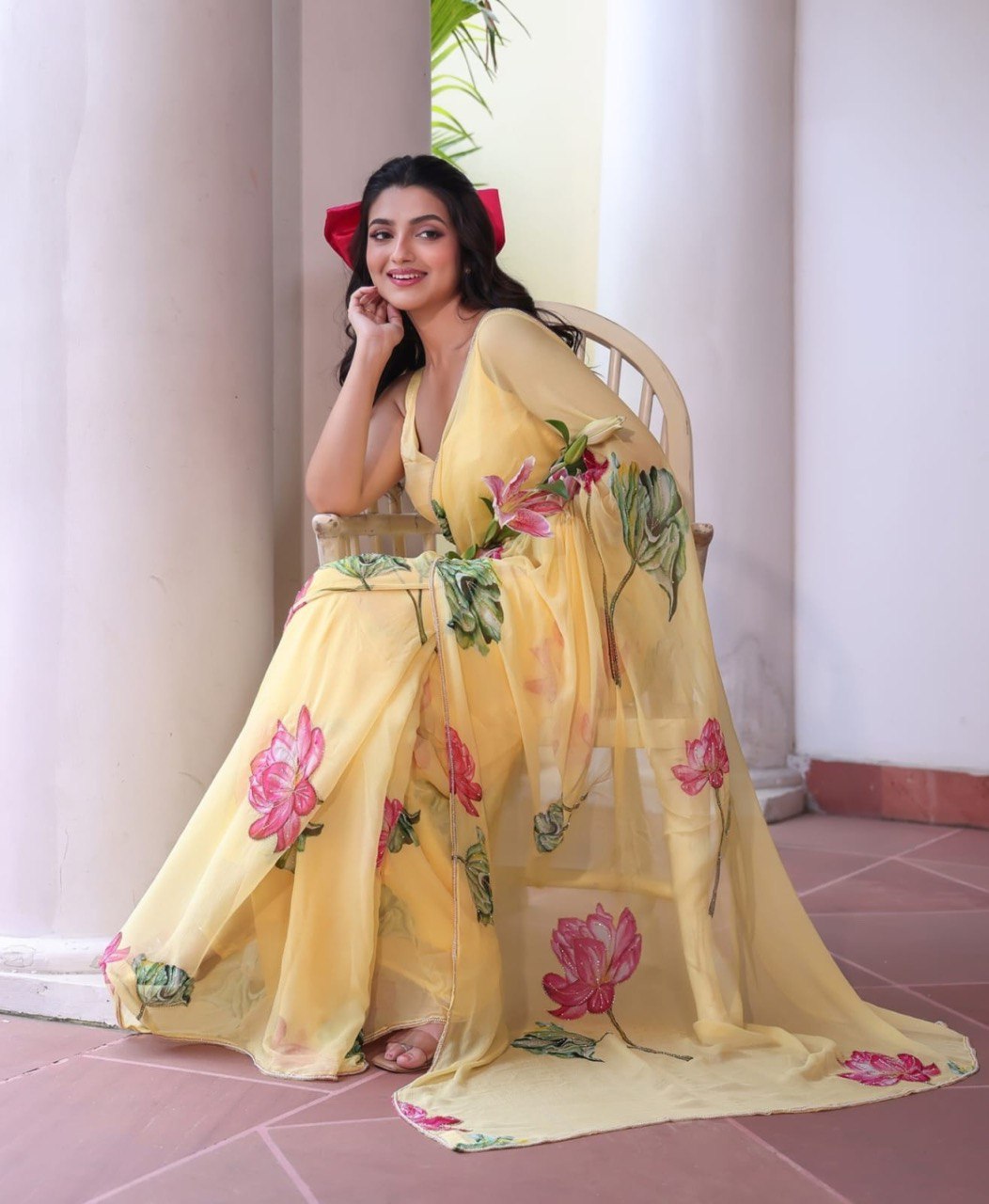 Pastel Yellow Floral Saree With Elegant Summer Print