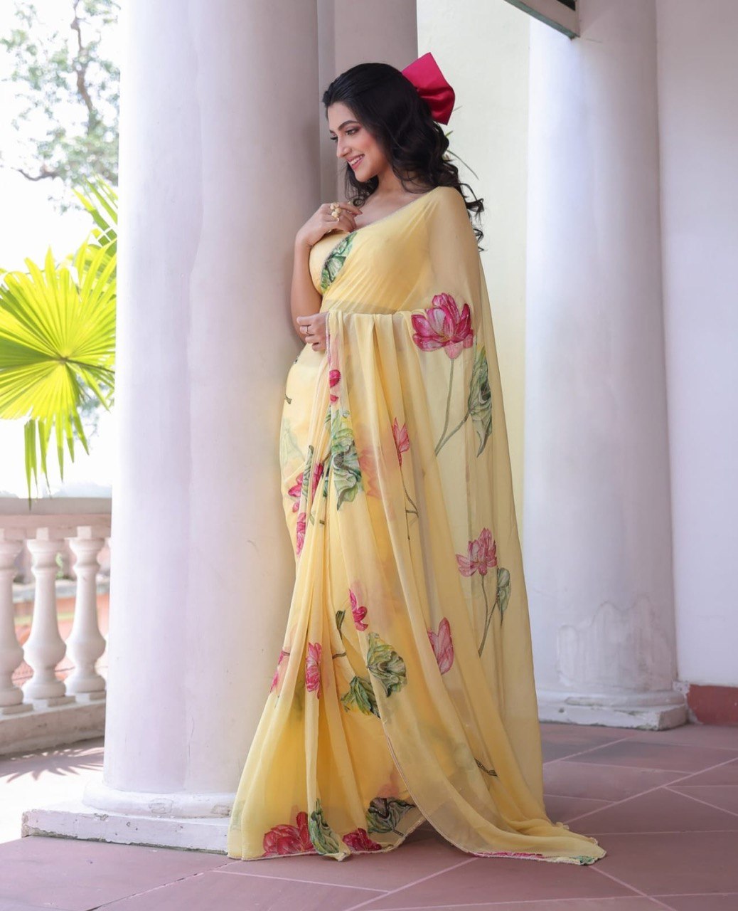 Pastel Yellow Floral Saree With Elegant Summer Print