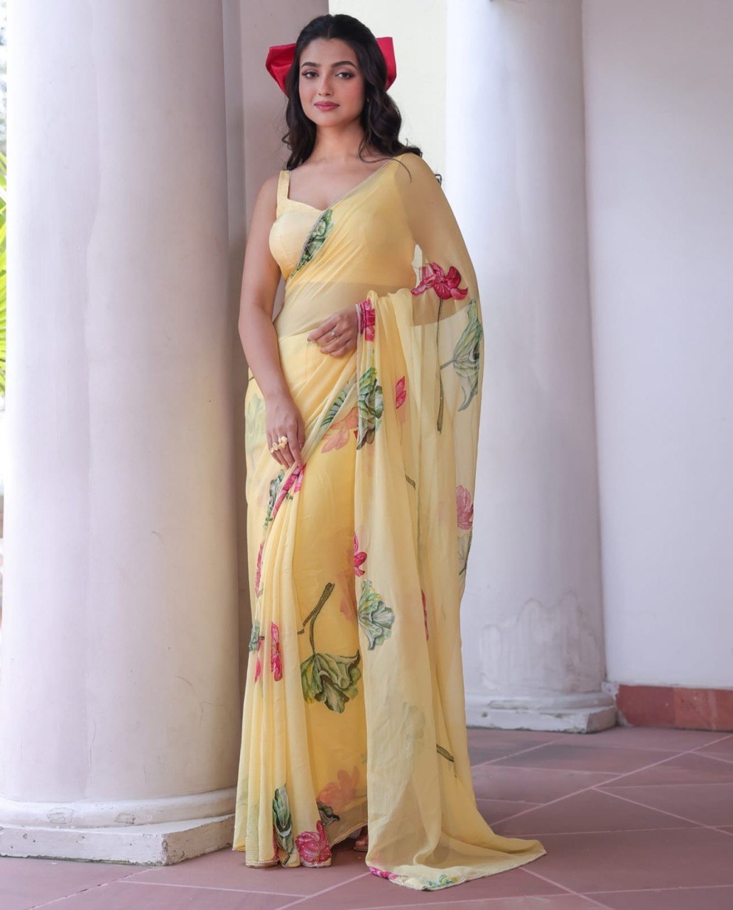 Pastel Yellow Floral Saree With Elegant Summer Print