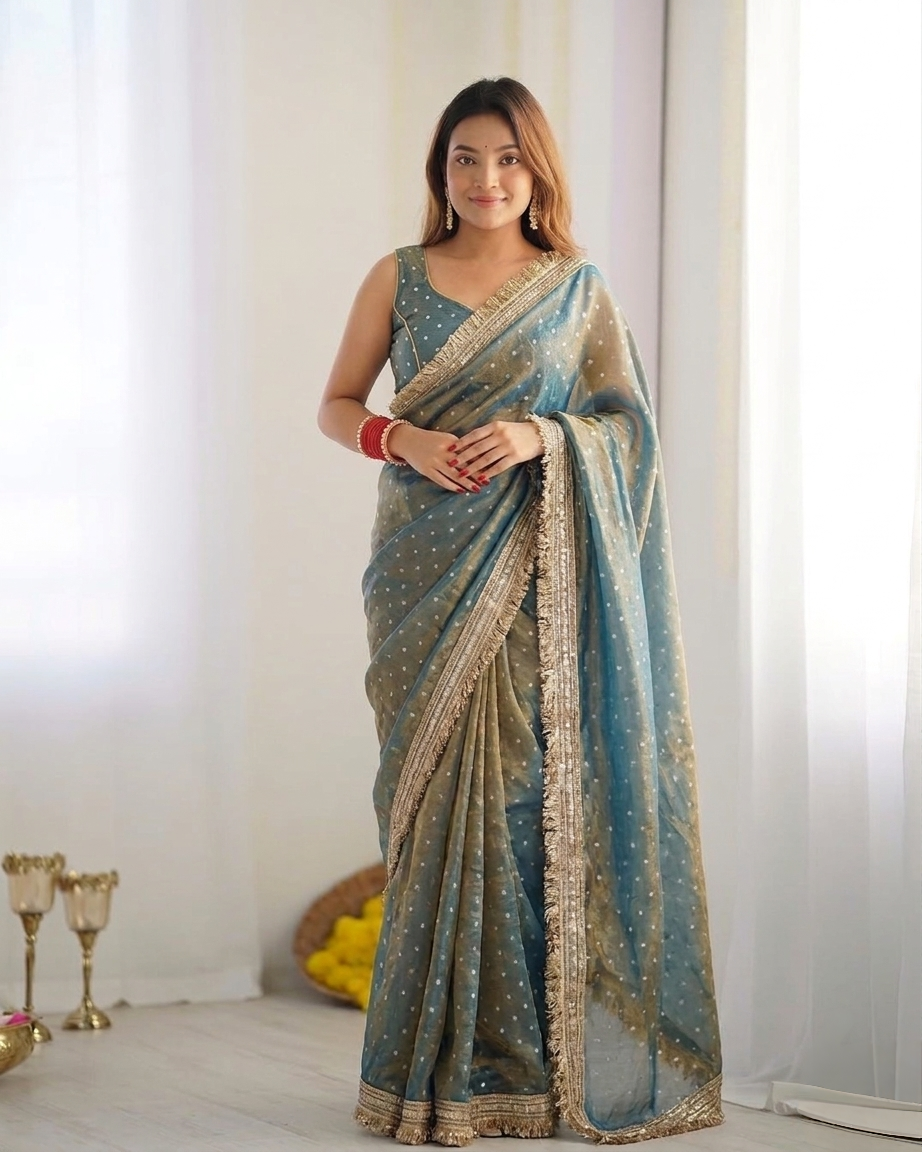 Teal Blue Designer Saree With Elegant Silver Sequin Border Work