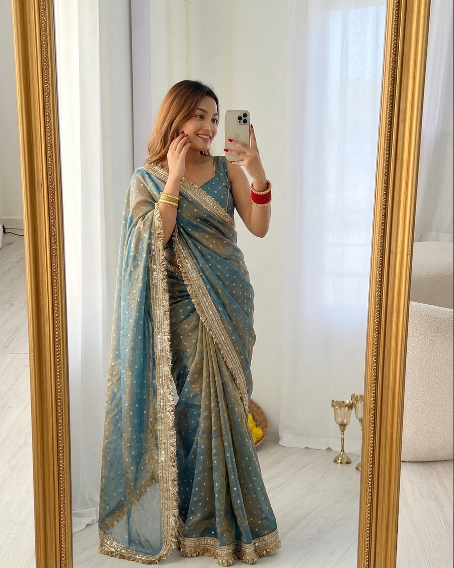 Teal Blue Designer Saree With Elegant Silver Sequin Border Work