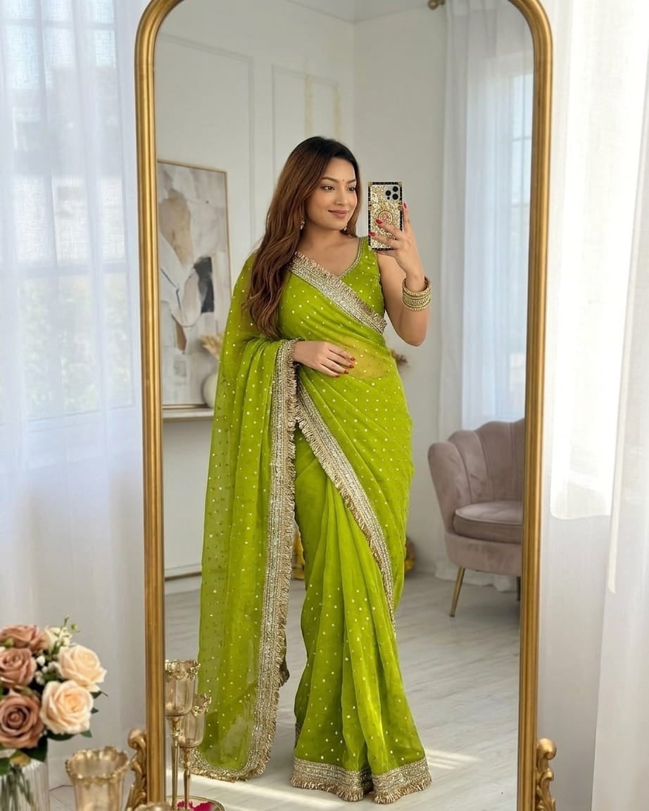 Teal Blue Designer Saree With Elegant Silver Sequin Border Work