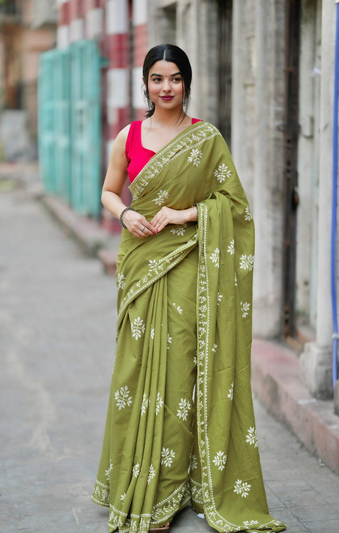 Olive Green Traditional Saree With Elegant Ethnic Print