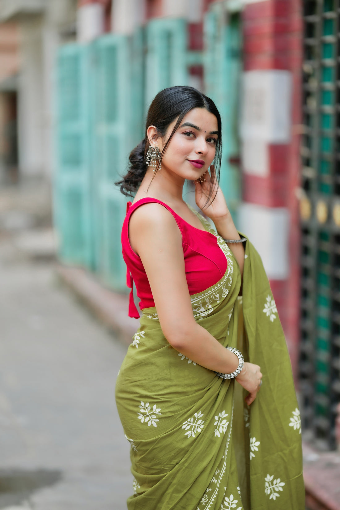 Olive Green Traditional Saree With Elegant Ethnic Print