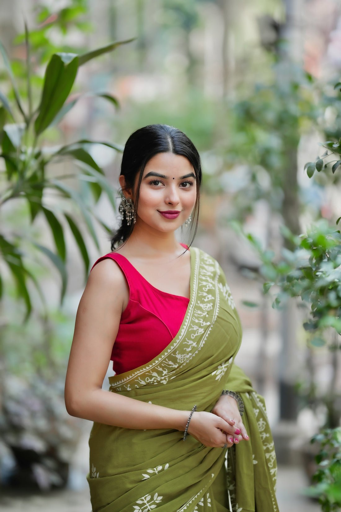 Olive Green Traditional Saree With Elegant Ethnic Print