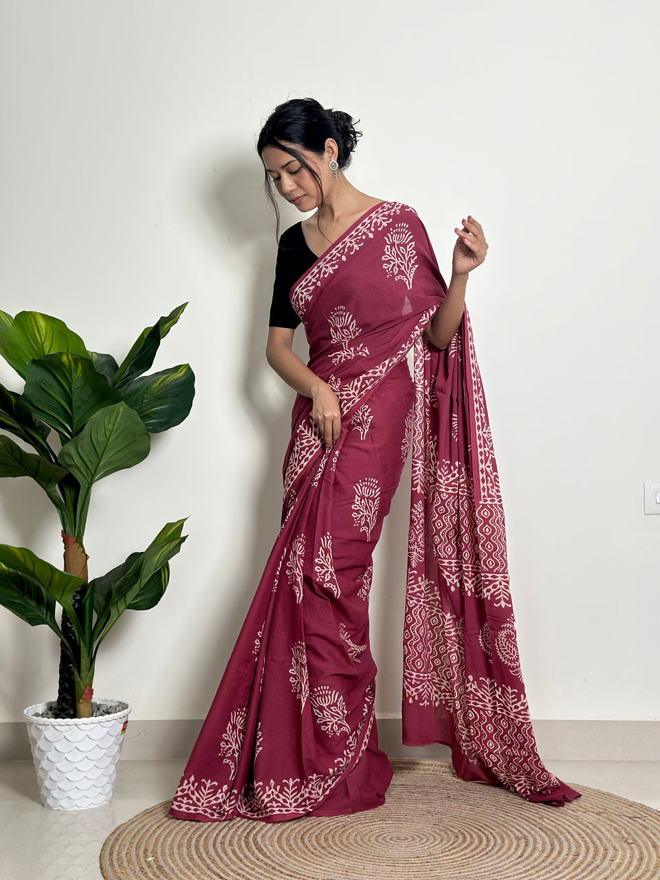 Wine Maroon Traditional Saree With Elegant Printed Design