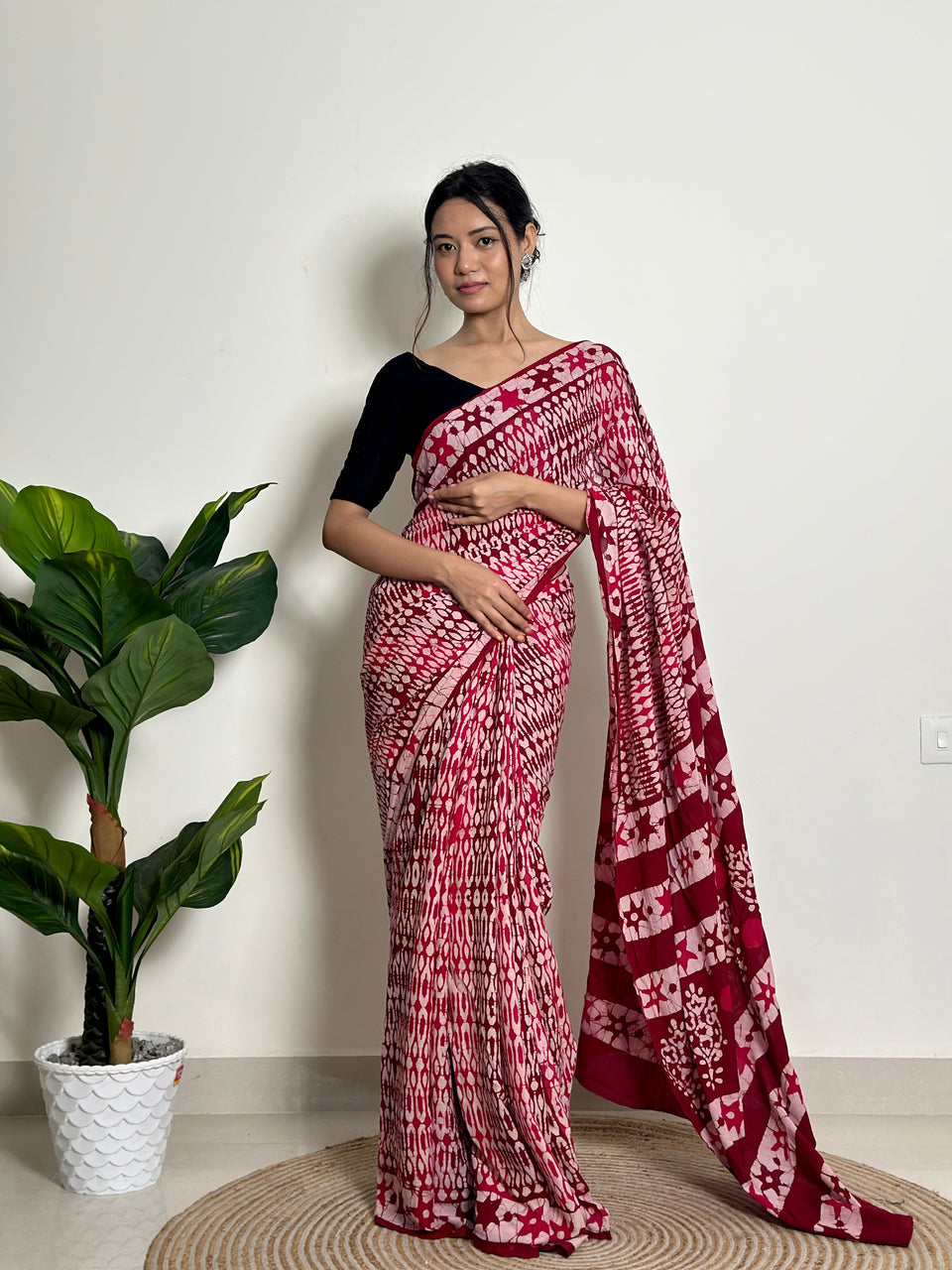 Rani Pink Printed Saree With Elegant Ethnic Pattern
