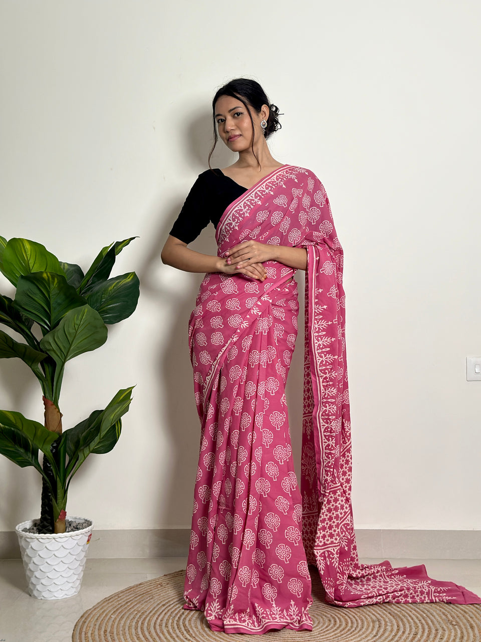 Pink, Green Ethnic Printed Saree With Elegant Traditional Styling