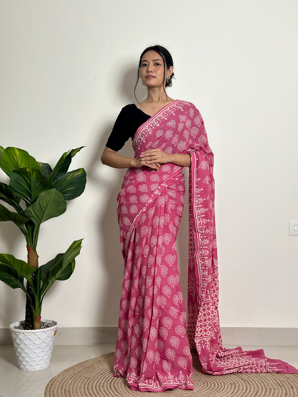 Pink, Green Ethnic Printed Saree With Elegant Traditional Styling