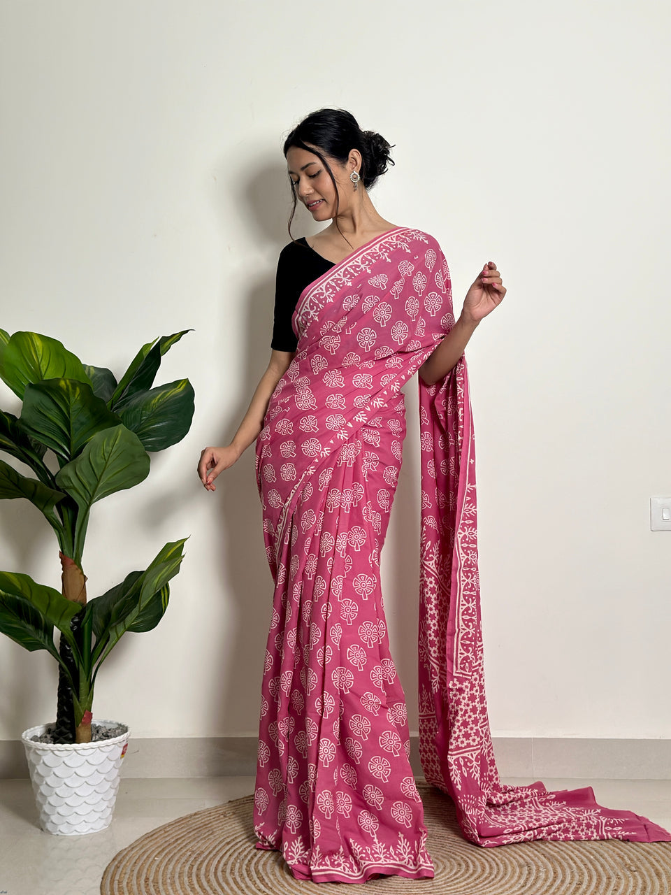 Pink, Green Ethnic Printed Saree With Elegant Traditional Styling