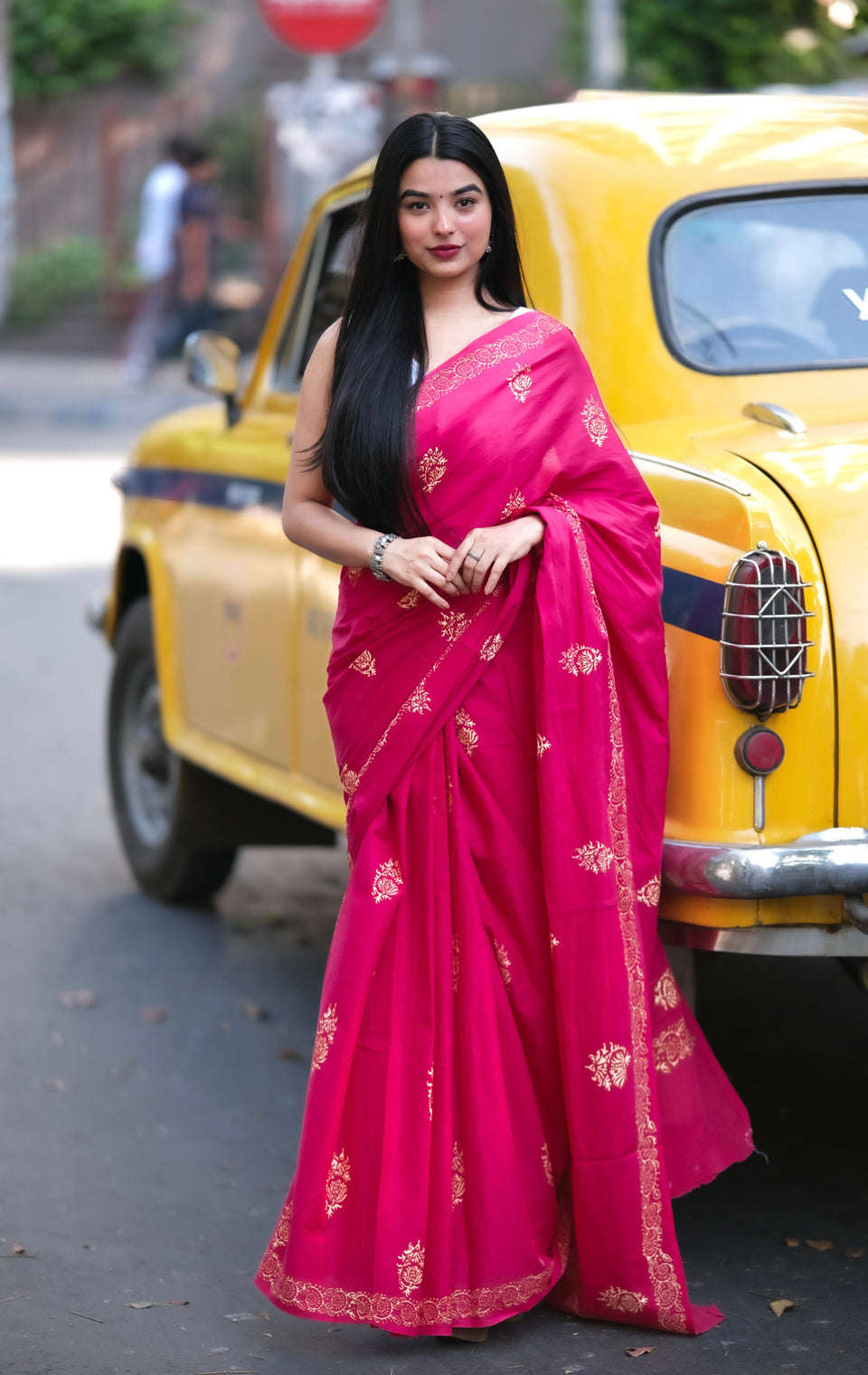 Hot Pink Designer Saree With Elegant Golden Border Work