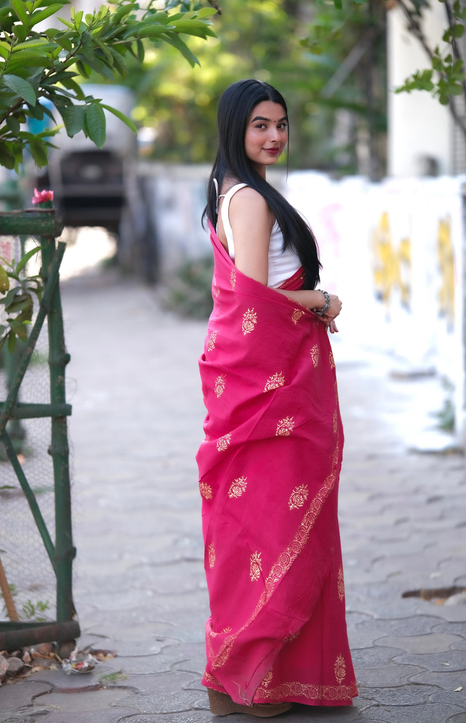 Hot Pink Designer Saree With Elegant Golden Border Work