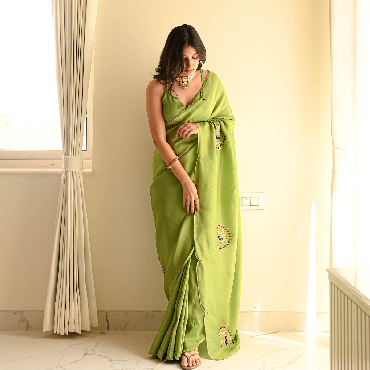 Lime Green Traditional Saree With Elegant Minimal Border