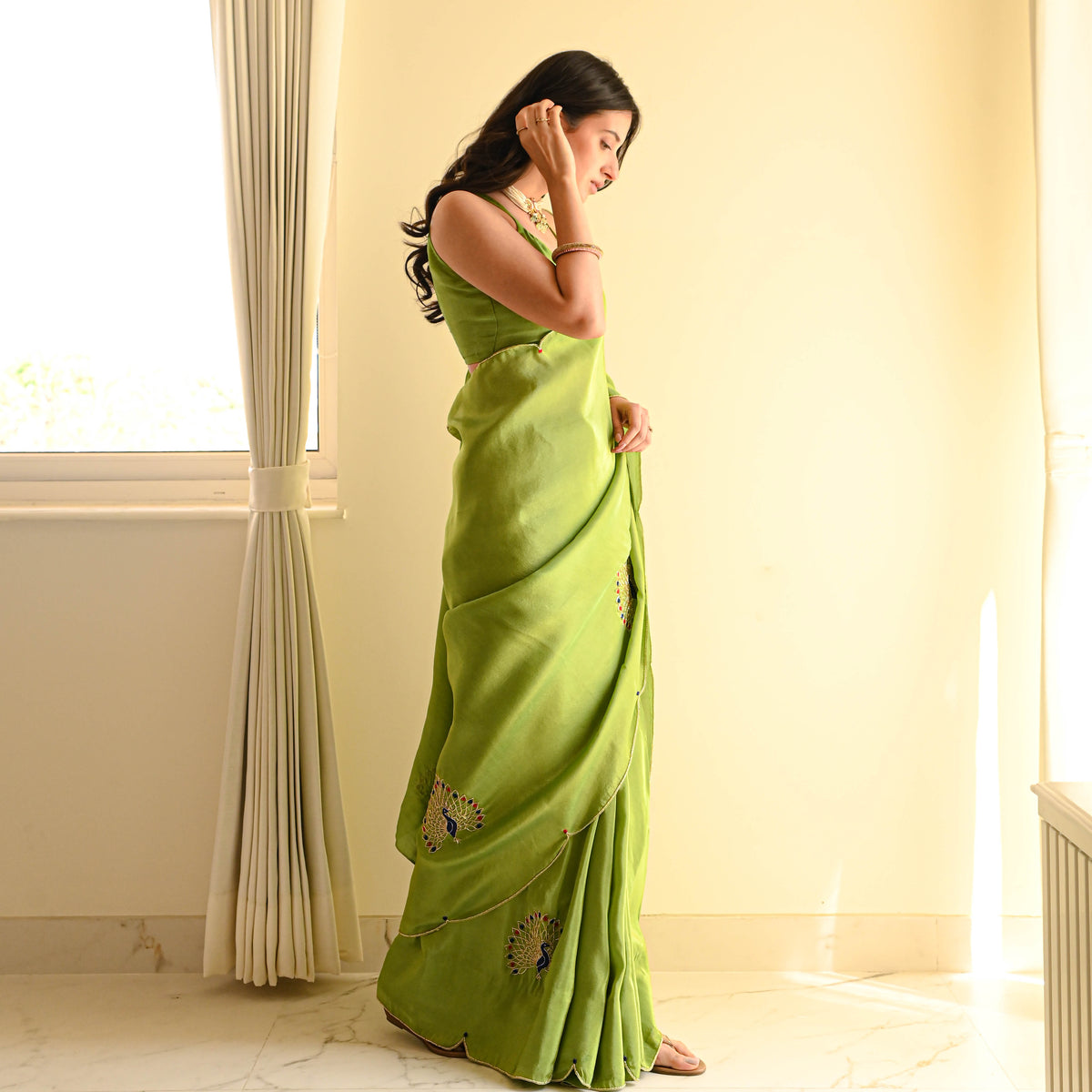 Lime Green Traditional Saree With Elegant Minimal Border