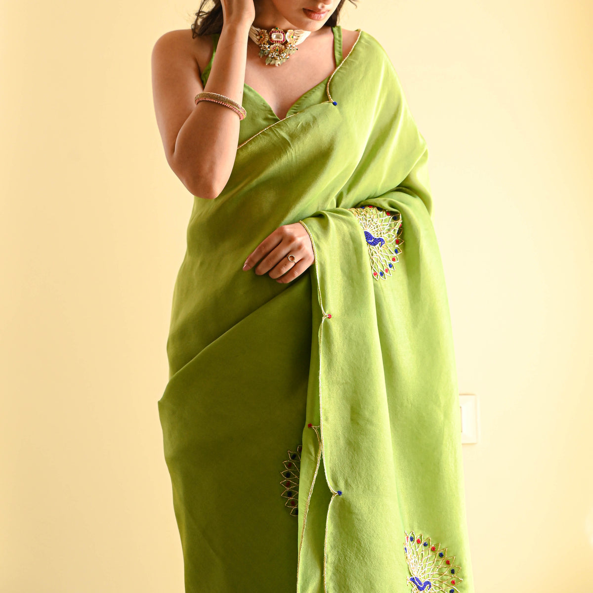 Lime Green Traditional Saree With Elegant Minimal Border