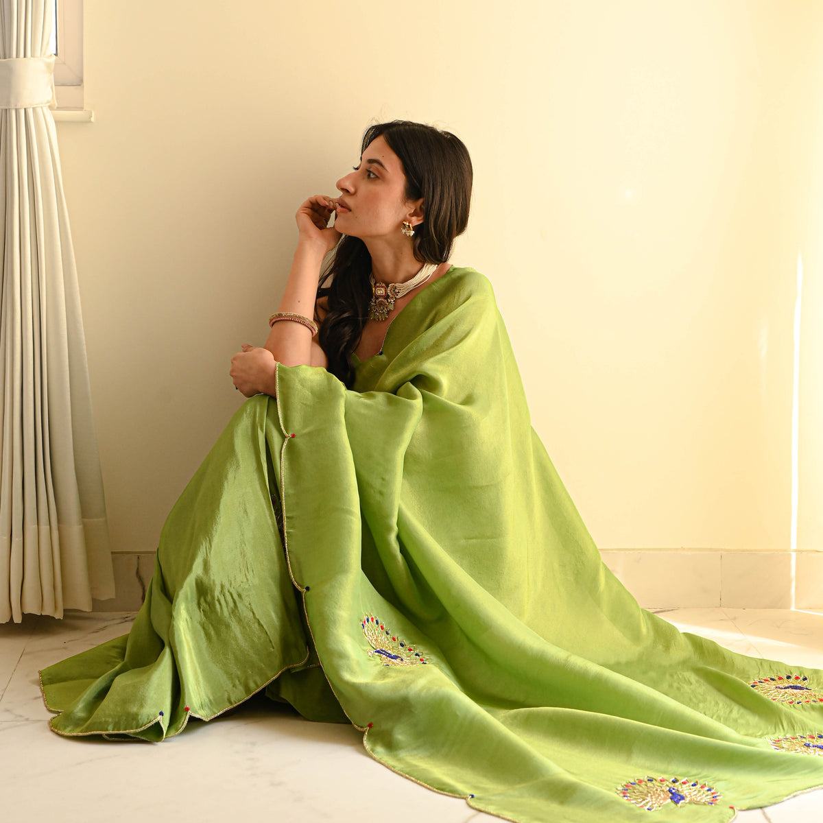 Lime Green Traditional Saree With Elegant Minimal Border