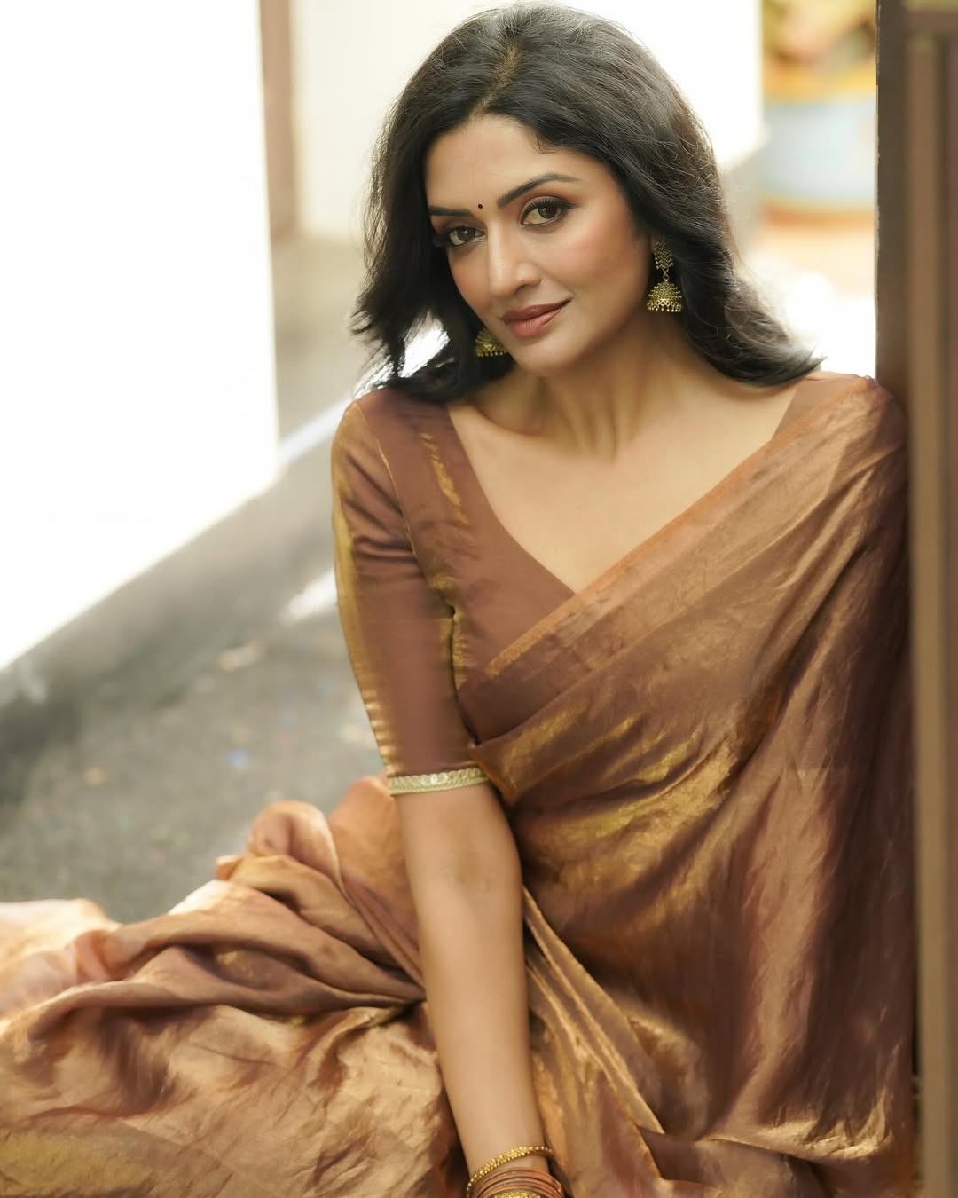 Bronze Brown Designer Saree With Elegant Metallic Finish