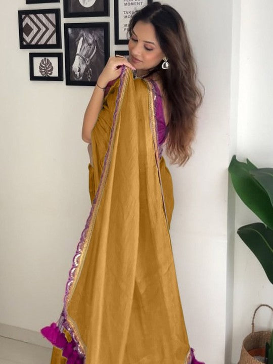 Mustard Gold, Blue Orange, Pink, White Silk Saree
