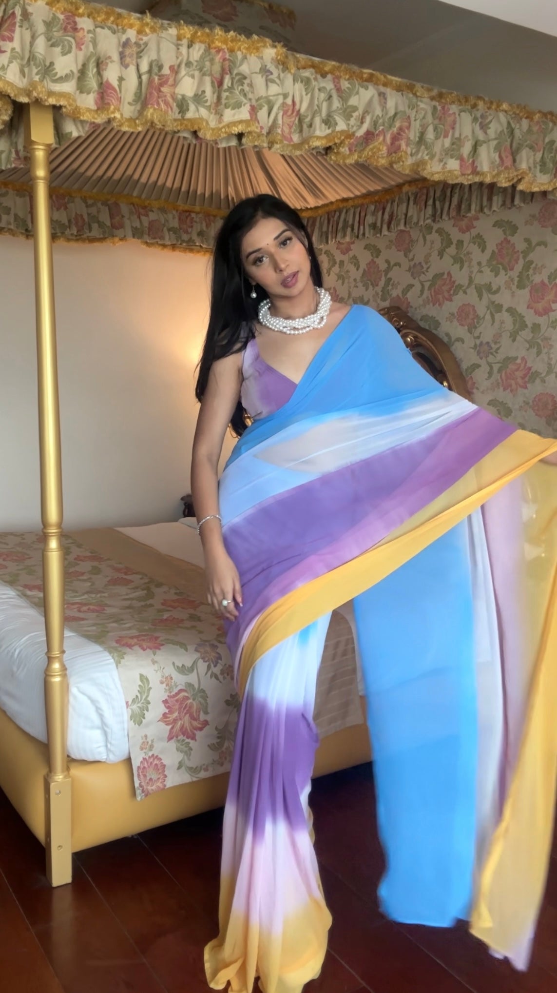 Ready To Wear Georgette Ocean Blue Pastel Ombre Soft Saree