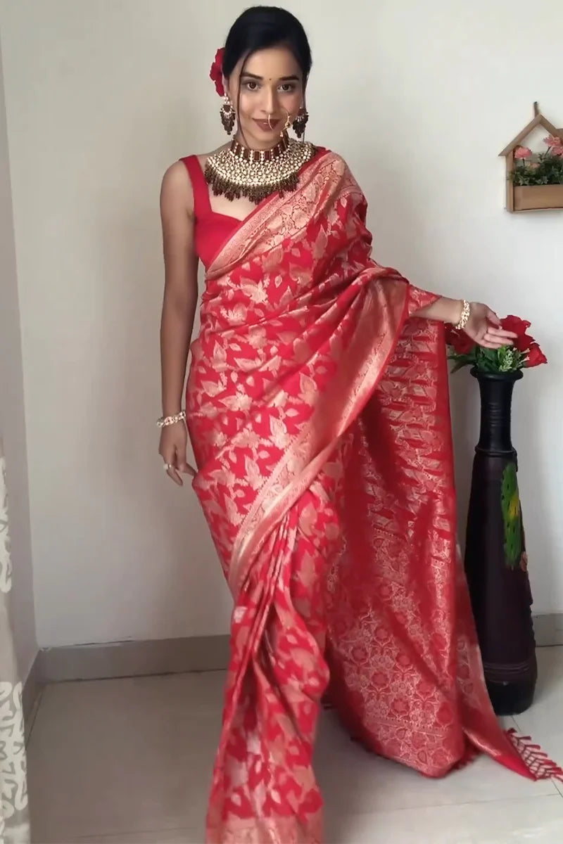 Ready To Wear Banarasi Red Saree With Golden Woven Ethnic Design