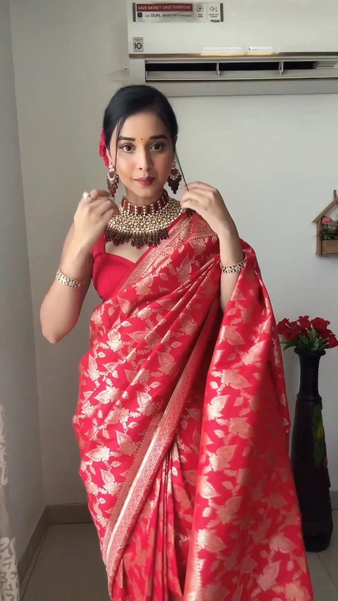 Ready To Wear Banarasi Red Saree With Golden Woven Ethnic Design