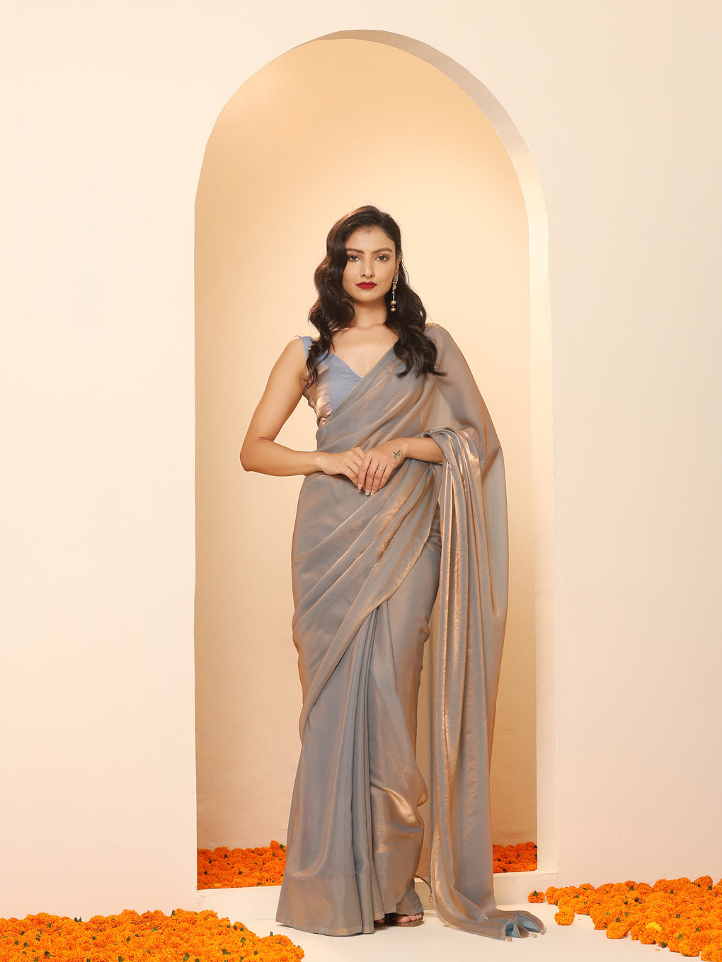 Wine Maroon, Blue, Green, Silver Grey Party Wear Saree With Elegant Shimmer Finish