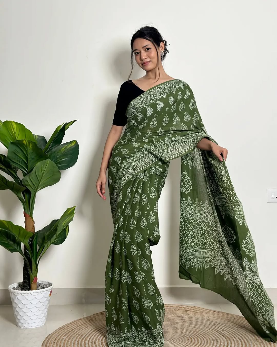 Pink, Green Ethnic Printed Saree With Elegant Traditional Styling
