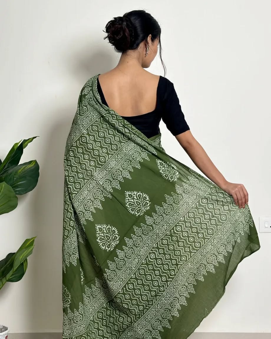 Pink, Green Ethnic Printed Saree With Elegant Traditional Styling
