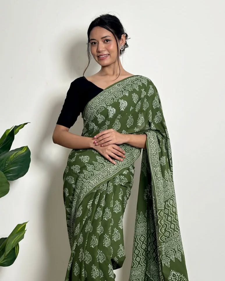 Pink, Green Ethnic Printed Saree With Elegant Traditional Styling