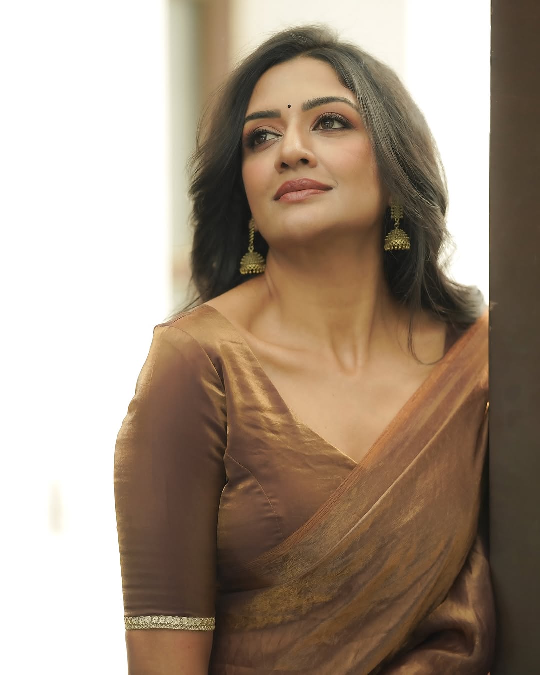 Bronze Brown Designer Saree With Elegant Metallic Finish