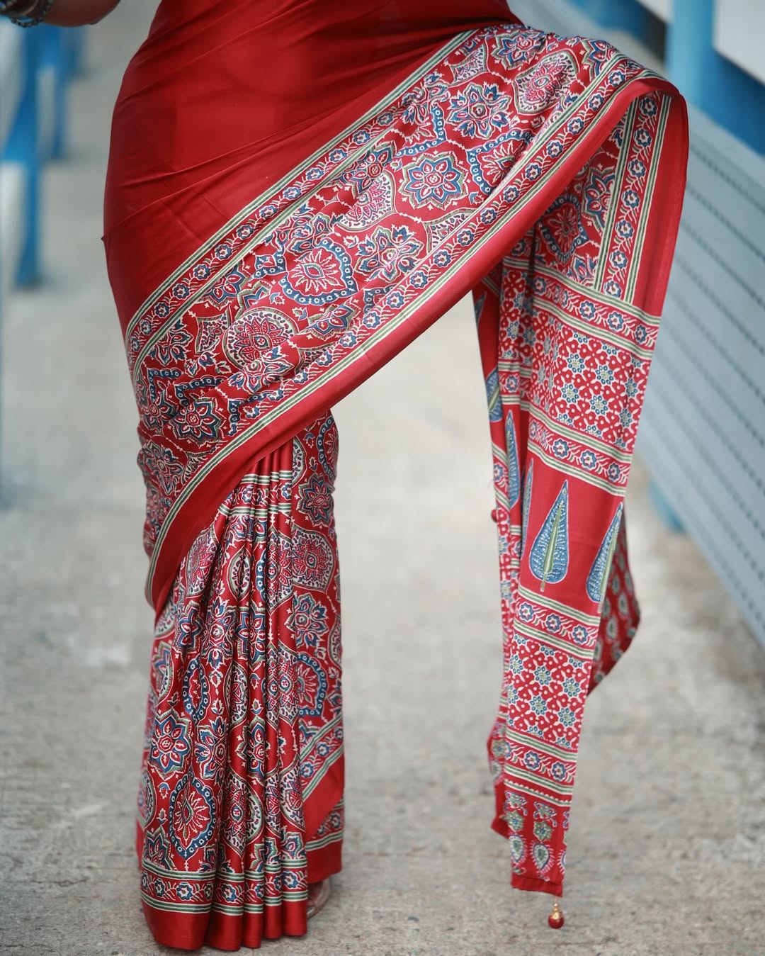 Women Red Traditional Printed Saree with Elegant Ethnic Border Design