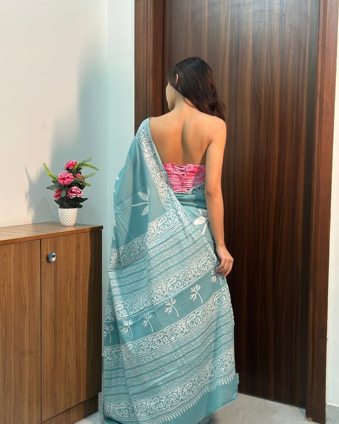 Sky Blue Floral Printed Saree With Elegant Soft Drape