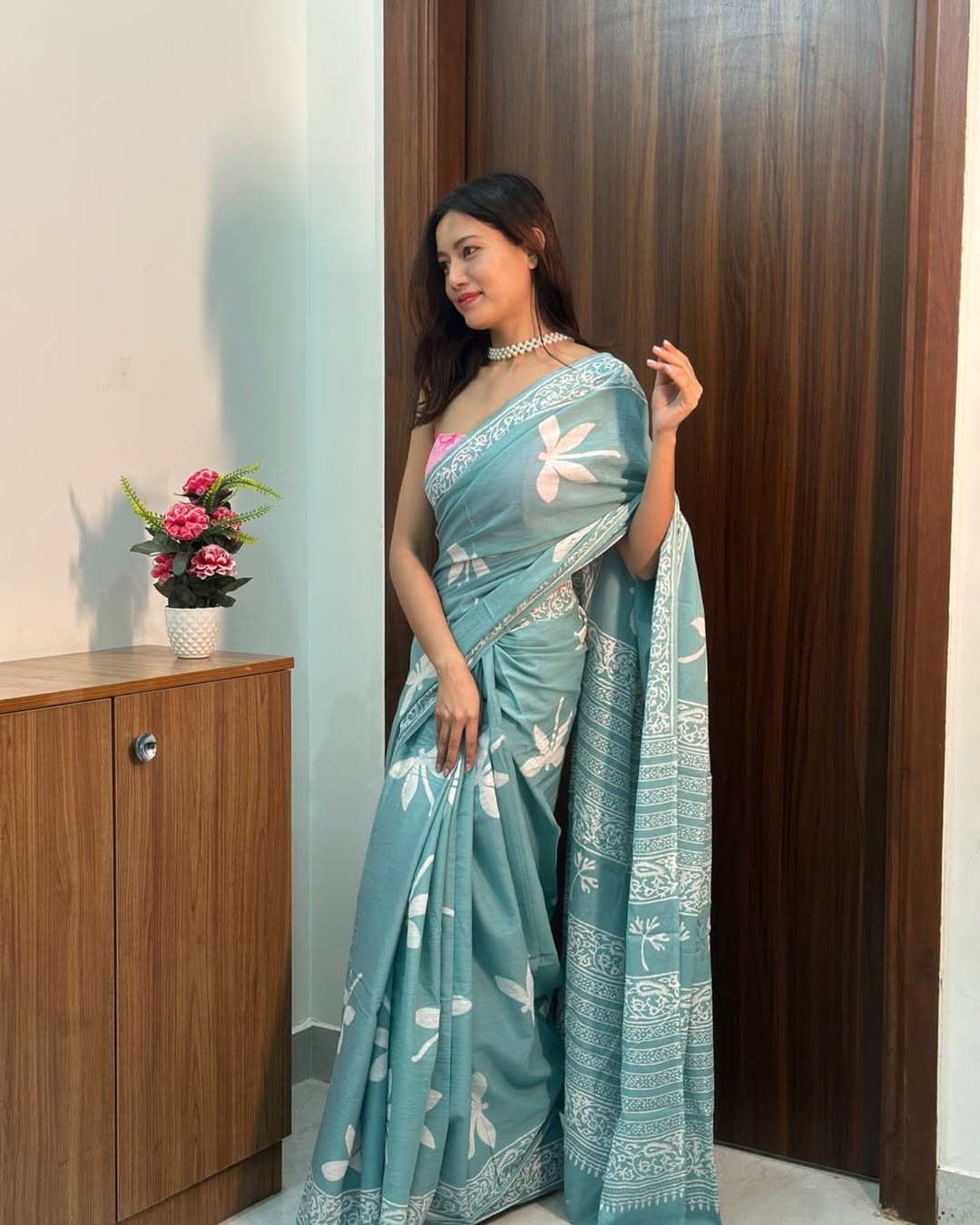 Sky Blue Floral Printed Saree With Elegant Soft Drape
