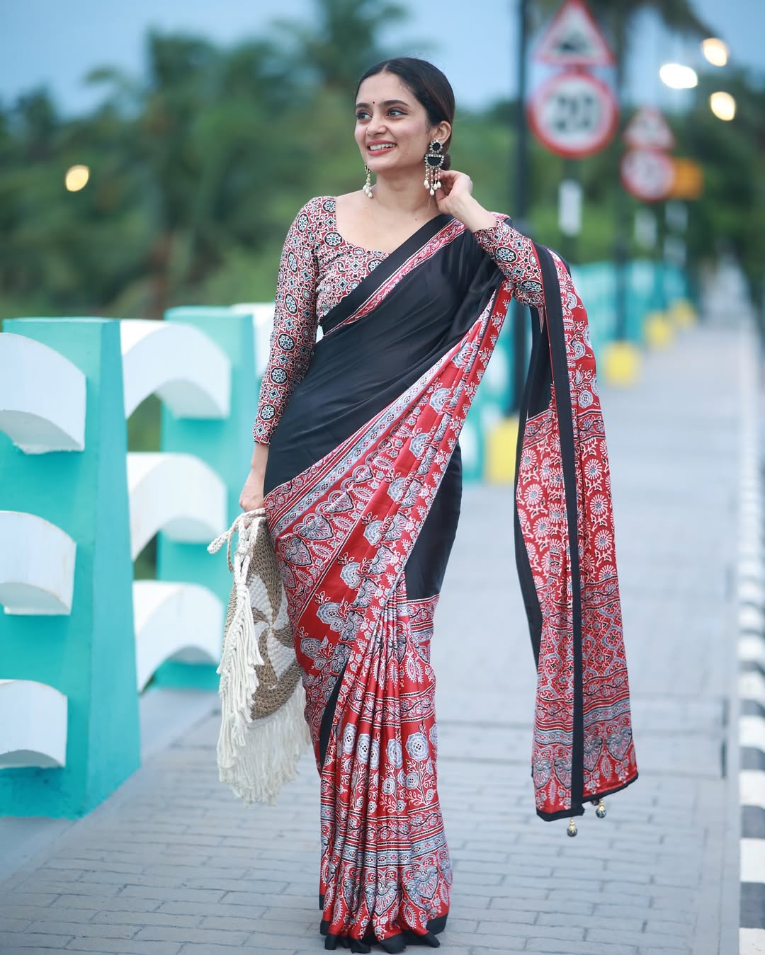Women Black & Blue With Red Designer Saree with Artistic Traditional Print
