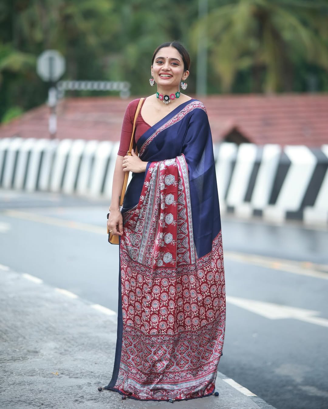 Women Black & Blue With Red Designer Saree with Artistic Traditional Print