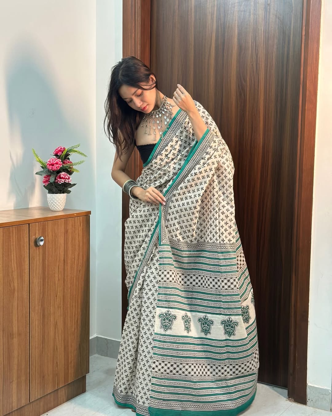 Sage Green Traditional Saree With Elegant Border Print