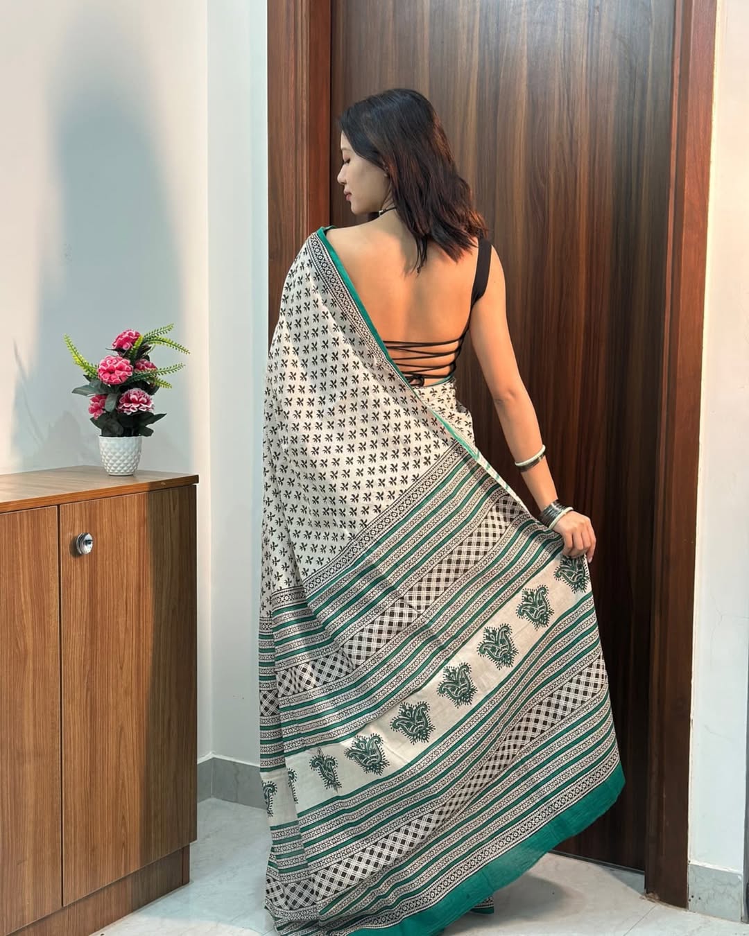 Sage Green Traditional Saree With Elegant Border Print