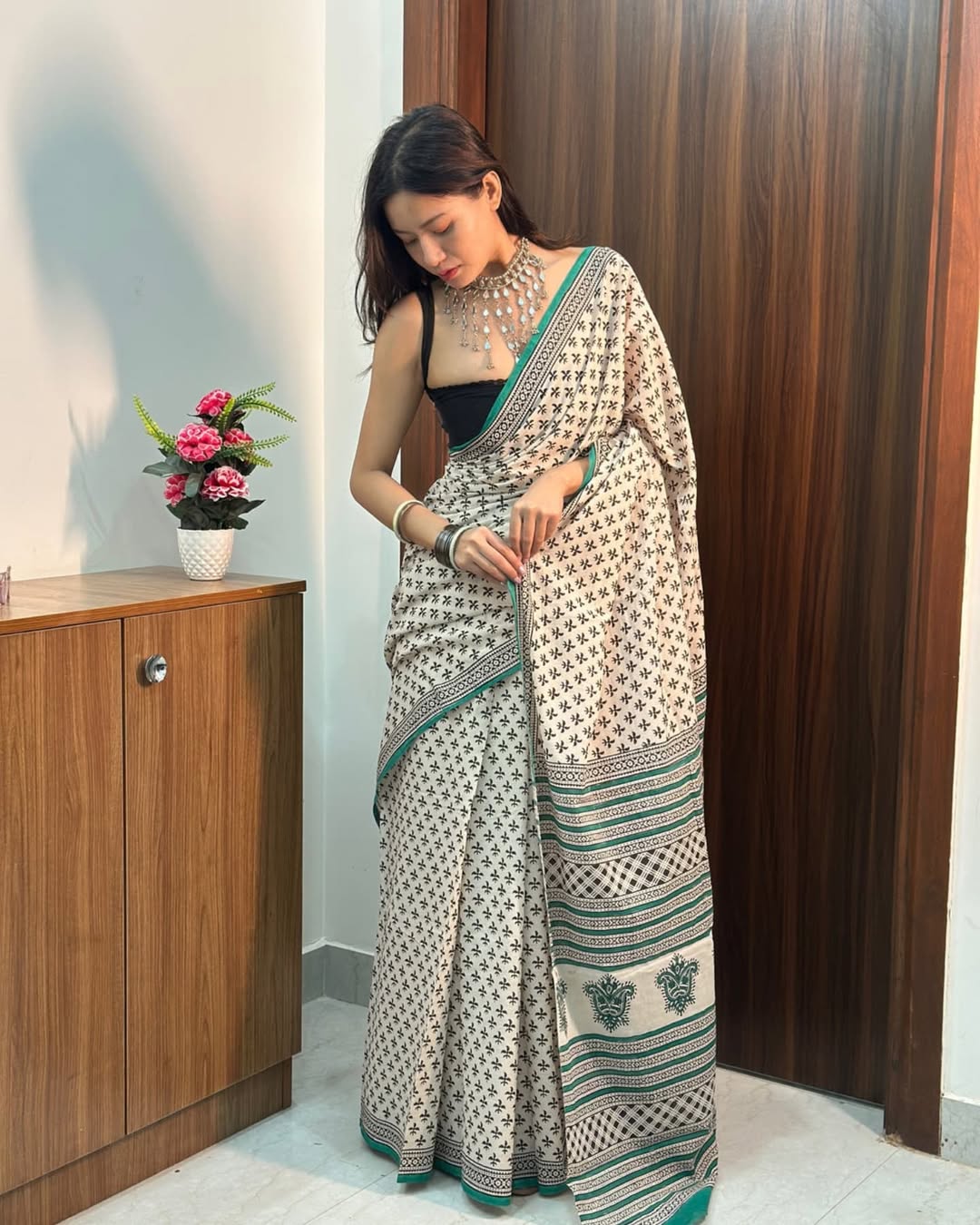 Sage Green Traditional Saree With Elegant Border Print