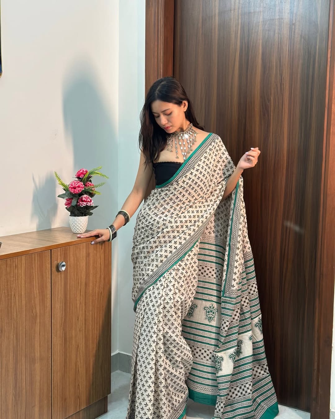 Sage Green Traditional Saree With Elegant Border Print