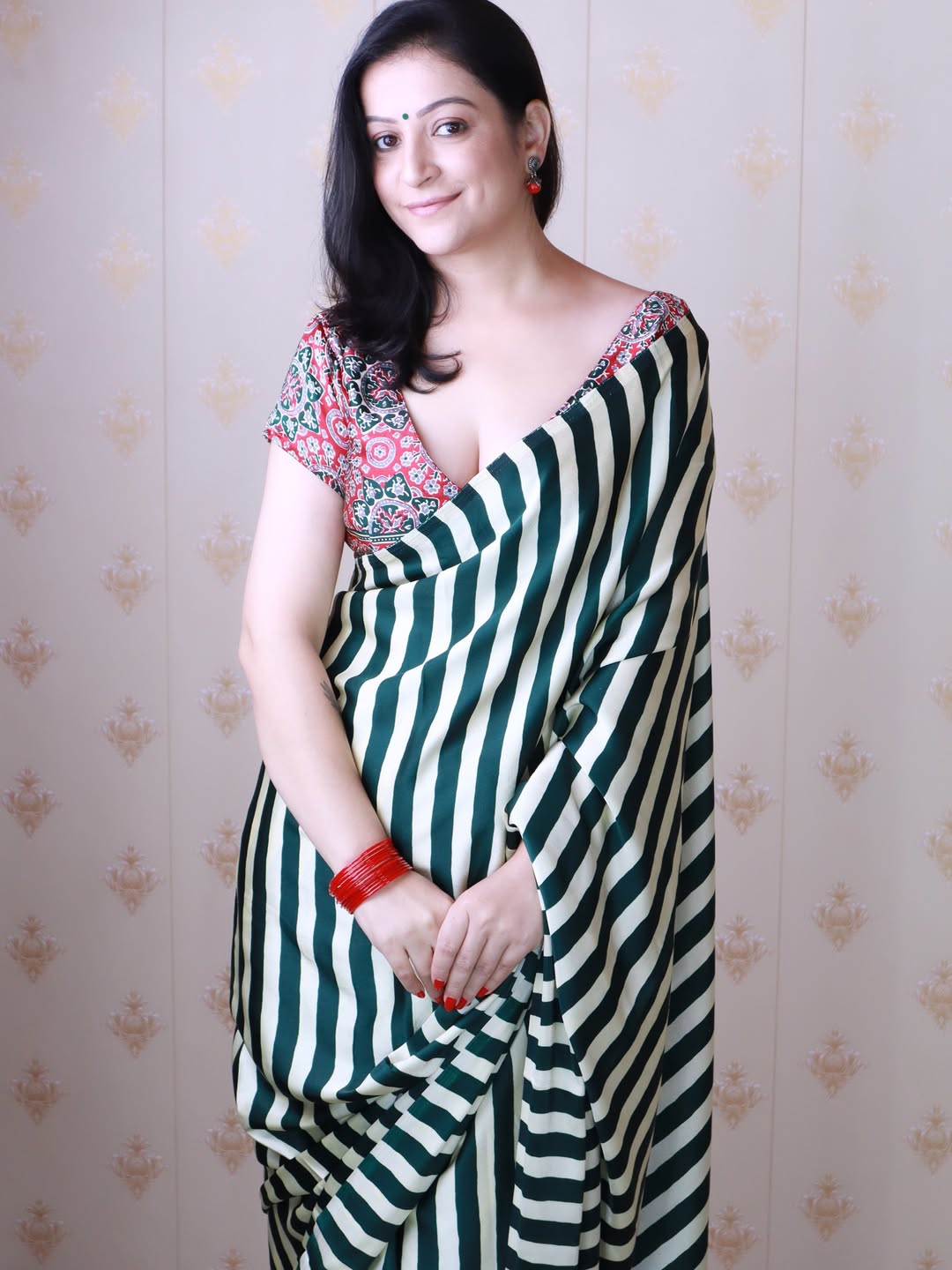 Women Black and Yellow Striped Saree with Stylish Ethnic Designer Look