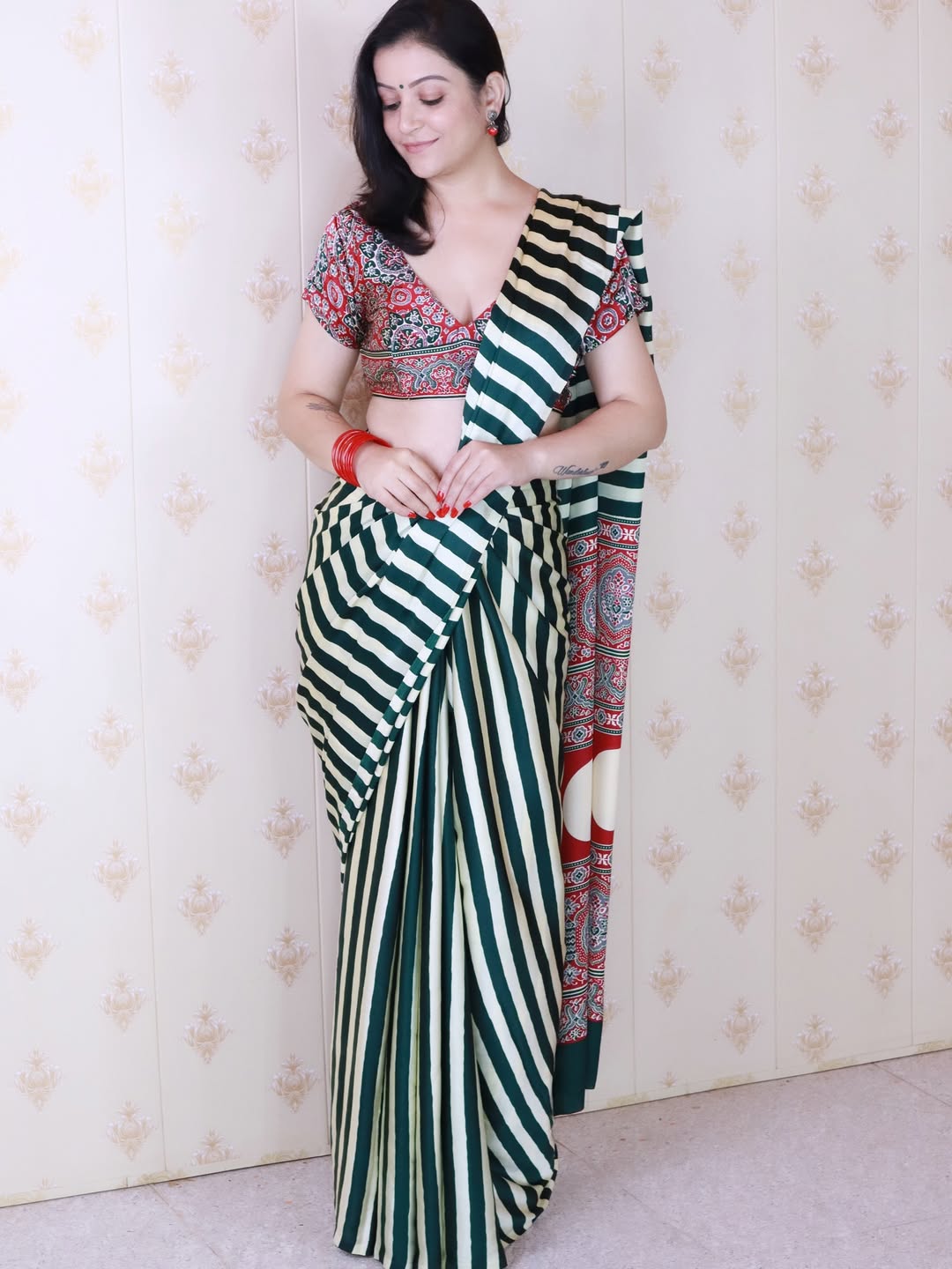 Women Black and Yellow Striped Saree with Stylish Ethnic Designer Look
