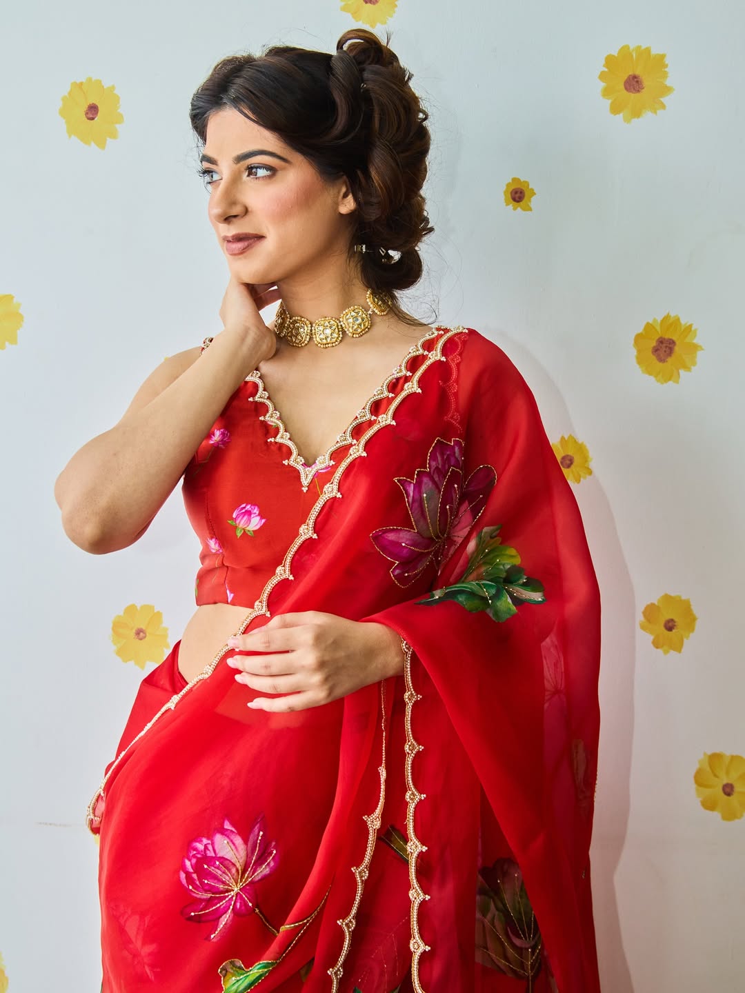 Bright Red Designer Saree With Elegant Flowing Drape